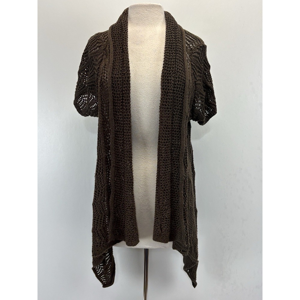 Vtg Y2K Crochet Cardigan Sweater Women's L Chocolate Brown Pointelle Festival